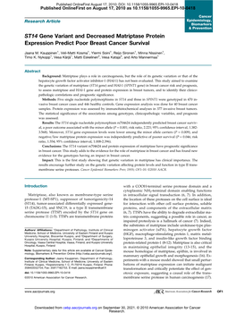 ST14 Gene Variant and Decreased Matriptase Protein Expression Predict Poor Breast Cancer Survival