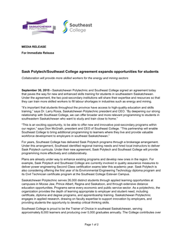 Sask Polytech/Southeast College Agreement Expands Opportunities for Students