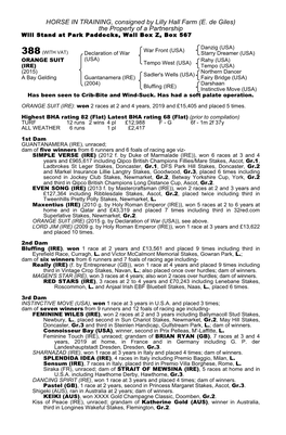 HORSE in TRAINING, Consigned by Lilly Hall Farm (E. De Giles) the Property of a Partnership Will Stand at Park Paddocks, Wall Box Z, Box 567