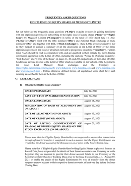 Frequently Asked Questions Rights Issue of Equity Shares of Megasoft Limited