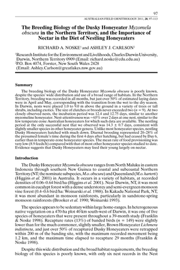 The Breeding Biology of the Dusky Honeyeater Myzomela Obscura in the Northern Territory, and the Importance of Nectar in the Diet of Nestling Honeyeaters