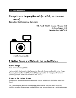 Malapterurus Tanganyikaensis (A Catfish, No Common Name) Ecological Risk Screening Summary