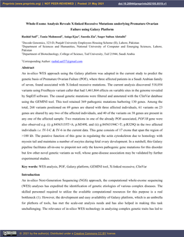 Whole-Exome Analysis Reveals X-Linked Recessive Mutations Underlying Premature Ovarian Failure Using Galaxy Platform Abstract A