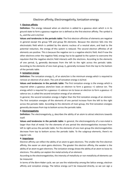 Electron Affinity, Electronegativity, Ionization Energy