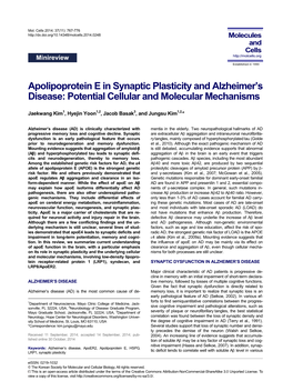 Apolipoprotein E in Synaptic Plasticity and Alzheimer’S Disease: Potential Cellular and Molecular Mechanisms