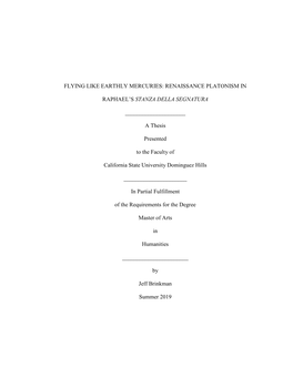 Flying Like Earthly Mercuries: Renaissance Platonism in Raphael's Stanza Della Segnatura