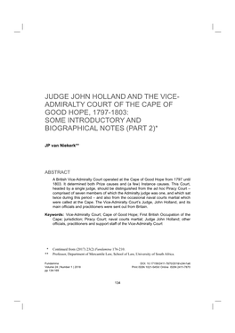 1Judge John Holland and the Vice- Admiralty Court of the Cape of Good Hope, 1797-1803: Some Introductory and Biographical Notes (Part 2)*