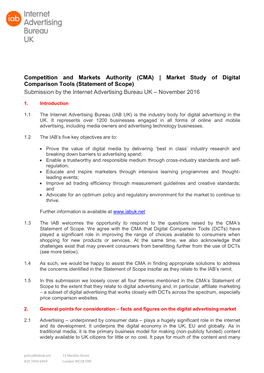 Competition and Markets Authority (CMA) | Market Study of Digital Comparison Tools (Statement of Scope) Submission by the Intern