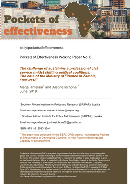 The Challenge of Sustaining a Professional Civil Service Amidst Shifting Political Coalitions: the Case of the Ministry of Finance in Zambia, 1991-20181