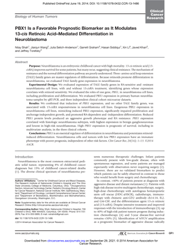 PBX1 Is a Favorable Prognostic Biomarker As It Modulates 13-Cis Retinoic Acid–Mediated Differentiation in Neuroblastoma