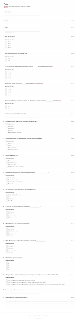 Quiz 1 REVIEW of FIRST THREE CHAPTERS of CADET FIELD MANUAL * Required