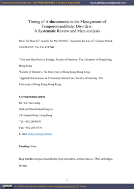 Timing of Arthrocentesis in the Management of Temporomandibular Disorders: a Systematic Review and Meta-Analysis