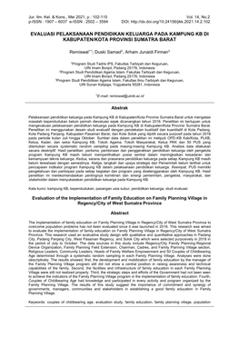 Evaluasi Pelaksanaan Pendidikan Keluarga Pada Kampung Kb Di Kabupaten/Kota Provinsi Sumatra Barat