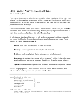 Close Reading: Analyzing Mood and Tone Pre-AP and AP English