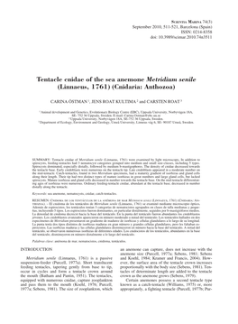 Tentacle Cnidae of the Sea Anemone Metridium Senile (Linnaeus, 1761) (Cnidaria: Anthozoa)