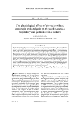 The Physiological Effects of Thoracic Epidural Anesthesia and Analgesia on the Cardiovascular, Respiratory and Gastrointestinal Systems