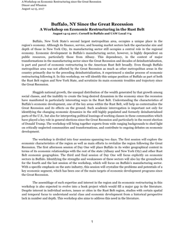 Buffalo, NY Since the Great Recession a Workshop on Economic Restructuring in the Rust Belt August 14-15 2017, Cornell in Buffalo and UAW Local 774