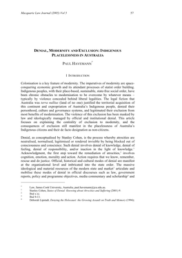 Denial, Modernity and Exclusion: Indigenous Placelessness in Australia Paul Havemann