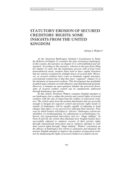 Statutory Erosion of Secured Creditors' Rights: Some Insights from The