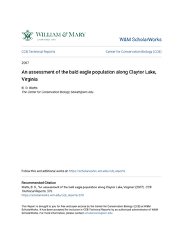 An Assessment of the Bald Eagle Population Along Claytor Lake, Virginia