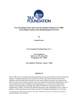 Tax Foundation State and Local Tax Burden Estimates for 2008: an In-Depth Analysis and Methodological Overview