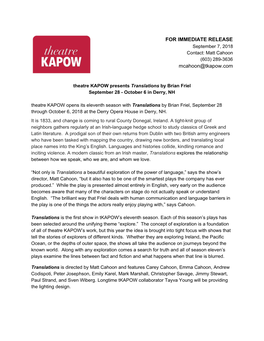 FOR IMMEDIATE RELEASE Mcahoon@Tkapow.Com