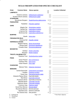 Texas Freshwater Fish Species Checklist