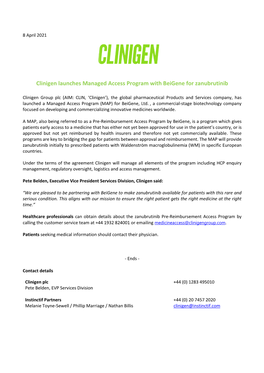 Clinigen Launches Managed Access Program with Beigene for Zanubrutinib