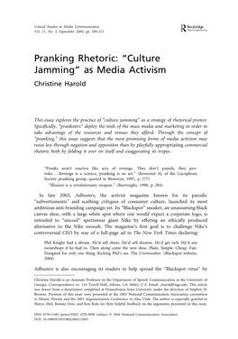 Pranking Rhetoric: “Culture Jamming” As Media Activism Christine Harold