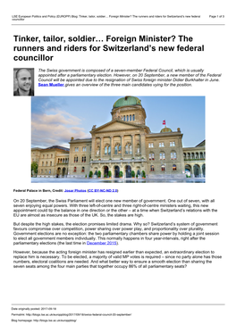 (EUROPP) Blog: Tinker, Tailor, Soldier… Foreign Minister? the Runners and Riders for Switzerland’S New Federal Page 1 of 3 Councillor