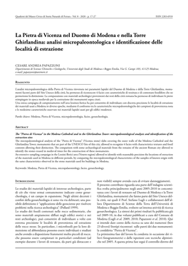 La Pietra Di Vicenza Nel Duomo Di Modena E Nella Torre Ghirlandina: Analisi Micropaleontologica E Identificazione Delle Località Di Estrazione