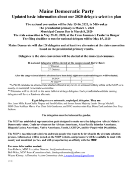 Maine Democratic Party Updated Basic Information About Our 2020 Delegate Selection Plan