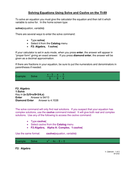 Solving Equations Using Solve and Csolve on the TI-89