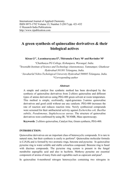 A Green Synthesis of Quinoxaline Derivatives & Their Biological Actives