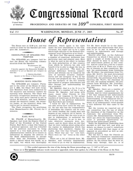 Congressional Record United States Th of America PROCEEDINGS and DEBATES of the 109 CONGRESS, FIRST SESSION