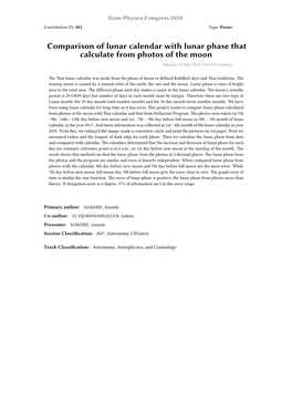Comparison of Lunar Calendar with Lunar Phase That Calculate from Photos of the Moon Tuesday, 22 May 2018 15:45 (15 Minutes)