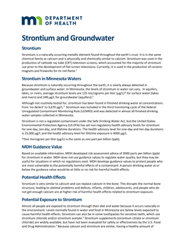 Strontium and Groundwater Strontium Strontium Is a Naturally Occurring Metallic Element Found Throughout the Earth’S Crust