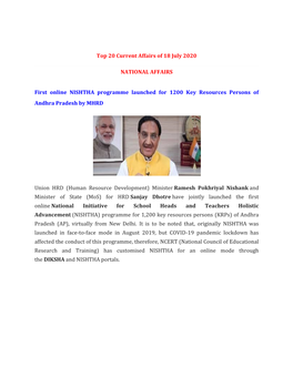 Top 20 Current Affairs of 18 July 2020 NATIONAL AFFAIRS First Online NISHTHA Programme Launched for 1200 Key Resources Persons O