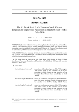 Little Ponton to South Witham, Lincolnshire) (Temporary Restriction and Prohibition of Traffic) Order 2010