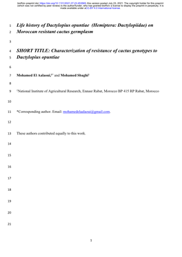 Dactylopius Opuntiae (Hemiptera: Dactylopiidae) on 2 Moroccan Resistant Cactus Germplasm