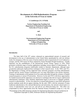 Development of a Doctoral Radiochemistry Program at The