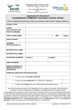 Application for Enrolment KILNAMANAGH COMMUNITY NATIONAL SCHOOL (KCNS)