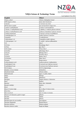 NZQA Science & Technology Terms