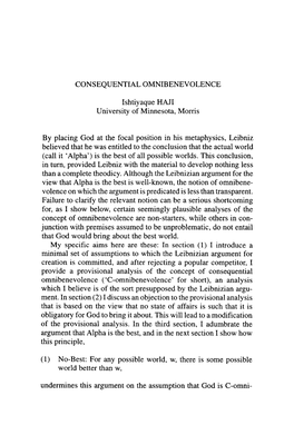 CONSEQUENTIAL OMNIBENEVOLENCE Ishtiyaque HAJI University of Minnesota, Morris by Placing God at the Focal Position in His Metaph