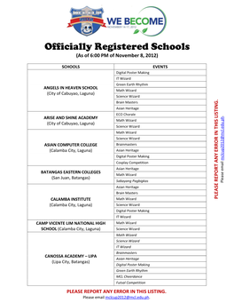 Officially Registered Schools (As of 6:00 PM of November 8, 2012)