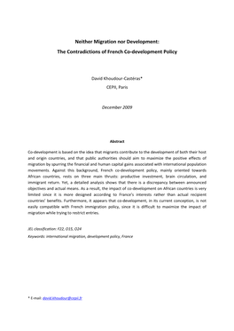 Neither Migration Nor Development: the Contradictions of French Co-Development Policy