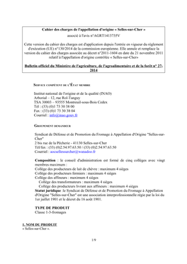 Cahier Des Charges De L'appellation D'origine « Selles-Sur-Cher » Associé À L'avis N°AGRT1413735V