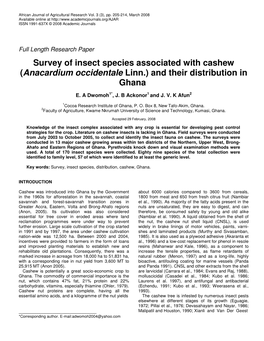 Survey of Insect Species Associated with Cashew (Anacardium Occidentale Linn.) and Their Distribution in Ghana