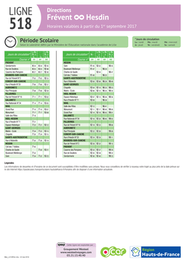 Frévent -. Hesdin 518 Horaires Valables À Partir Du 1Er Septembre 2017