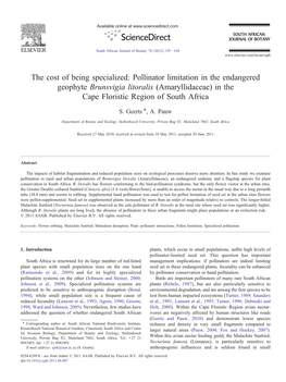 Pollinator Limitation in the Endangered Geophyte Brunsvigia Litoralis (Amaryllidaceae) in the Cape Floristic Region of South Africa ⁎ S